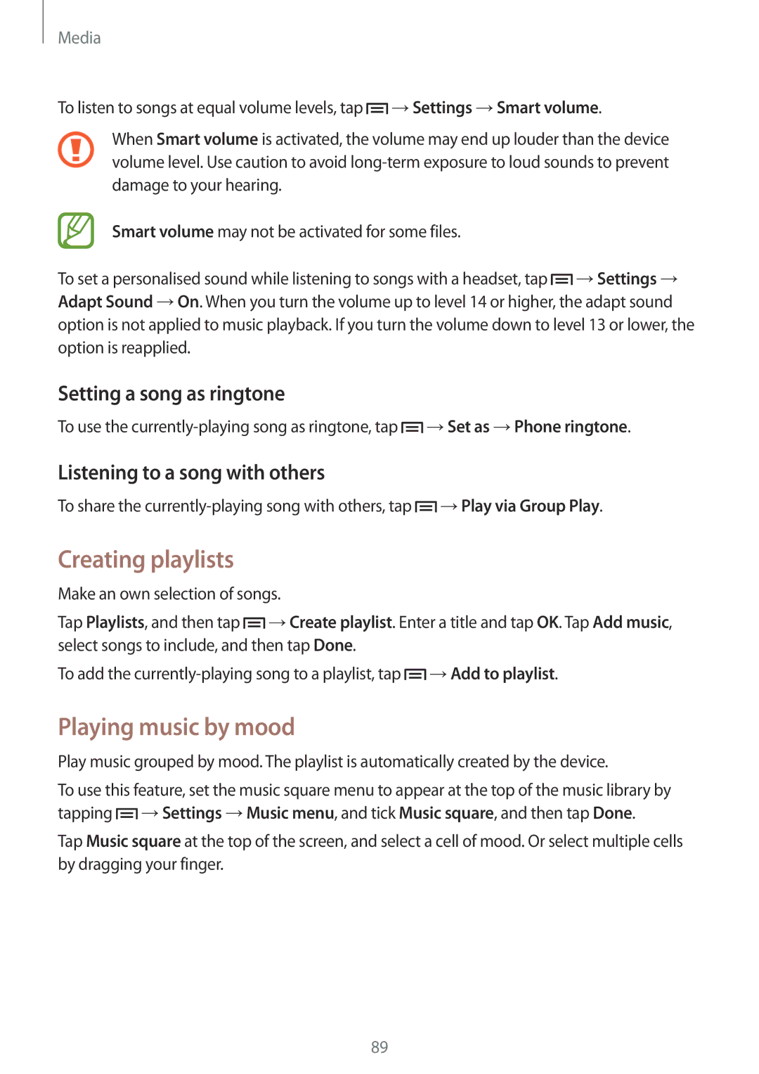 Samsung SM-N9005WDEKSA, SM-N9005ZKEEGY manual Creating playlists, Playing music by mood, Setting a song as ringtone 