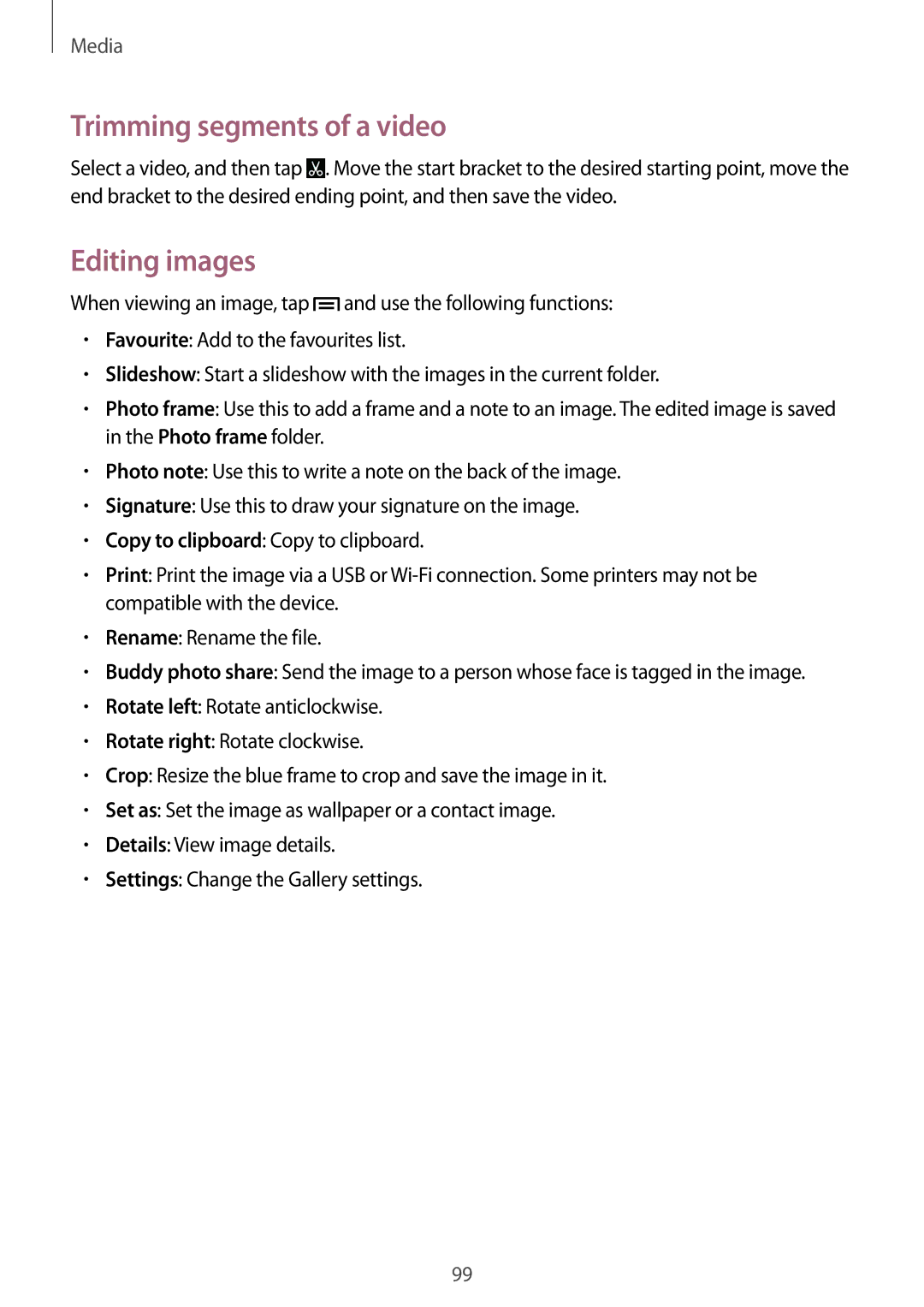 Samsung SM-N9005ZREEGY, SM-N9005ZKEEGY, SM-N9005ZIEEGY, SM-N9005ZIEKSA manual Trimming segments of a video, Editing images 