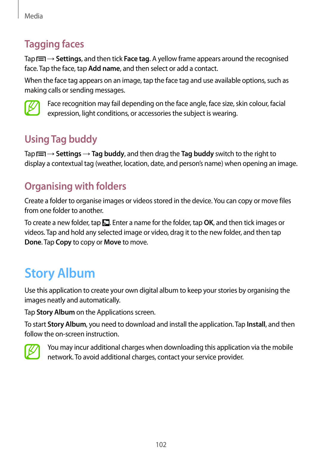 Samsung SM-N9005ZKEEGY, SM-N9005ZIEEGY manual Story Album, Tagging faces, Using Tag buddy, Organising with folders, Media 