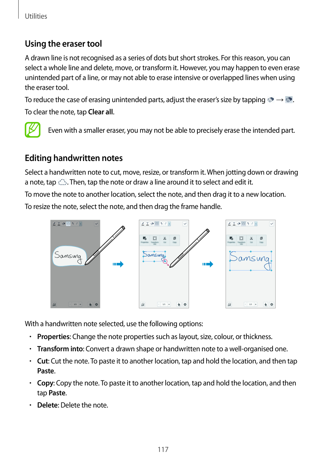Samsung SM-N9005ZKEKSA, SM-N9005ZKEEGY, SM-N9005ZIEEGY manual Using the eraser tool, Editing handwritten notes, Utilities 