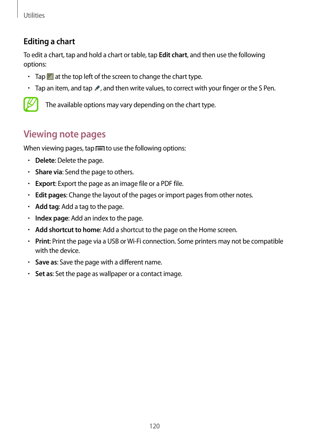 Samsung SM-N9005ZIEEGY, SM-N9005ZKEEGY, SM-N9005ZIEKSA, SM-N9005ZREAFR manual Viewing note pages, Editing a chart, Utilities 