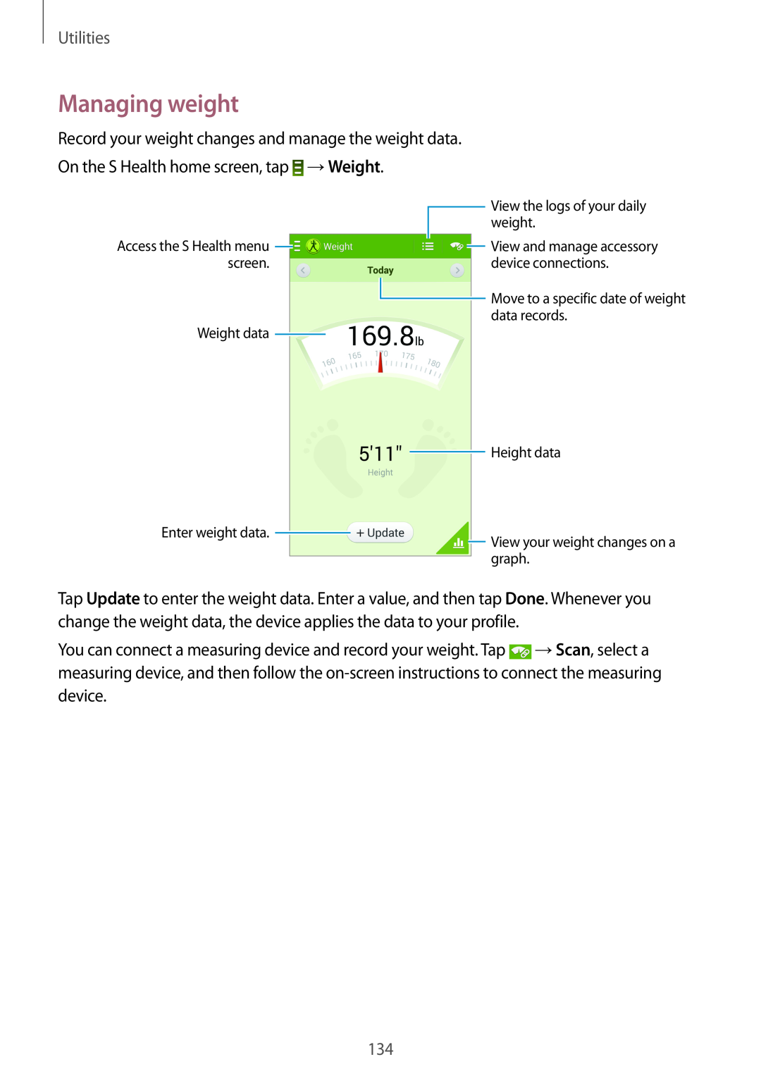 Samsung SM-N9005ZKEKSA manual Managing weight, Utilities, Access the S Health menu screen Weight data Enter weight data 
