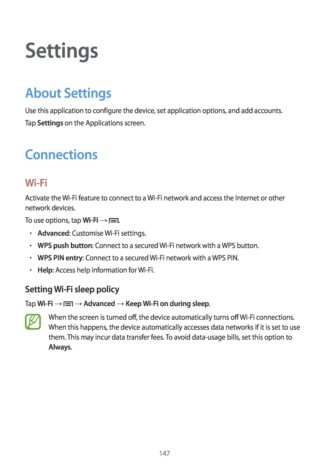 Samsung SM-N9005ZWEAFR, SM-N9005ZKEEGY, SM-N9005ZIEEGY manual About Settings, Connections, Setting Wi-Fi sleep policy 