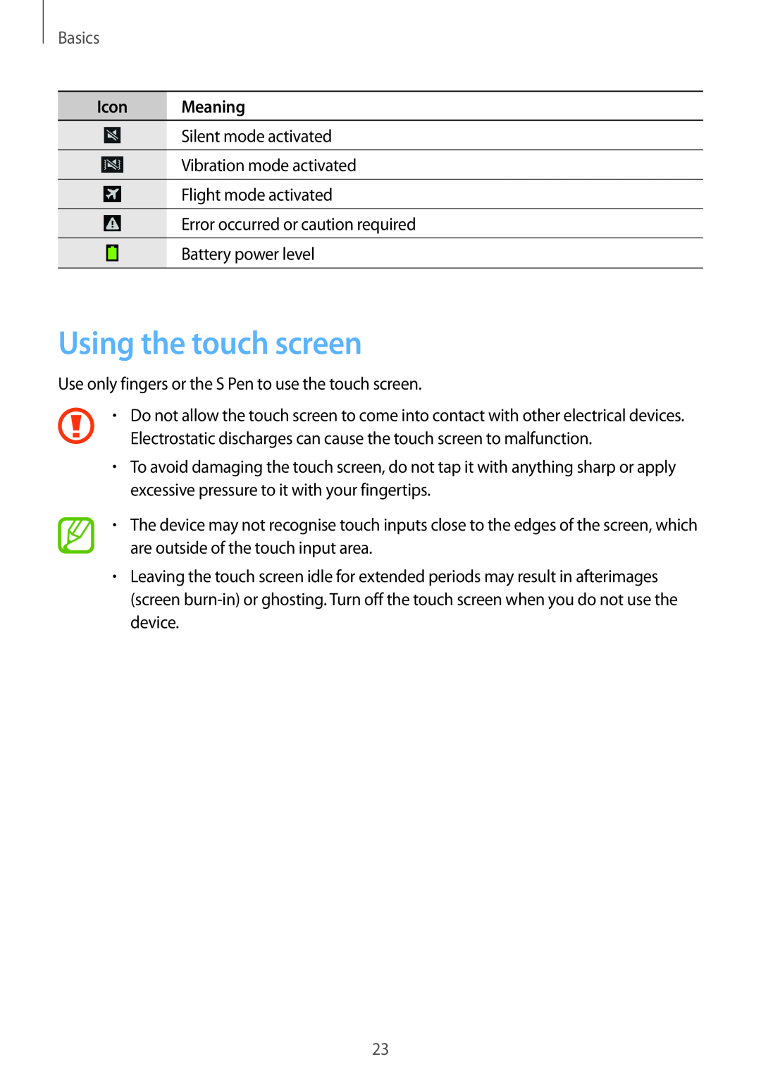 Samsung SM-N9005ZKEAFR, SM-N9005ZKEEGY, SM-N9005ZIEEGY, SM-N9005ZIEKSA manual Using the touch screen, Basics, Icon Meaning 
