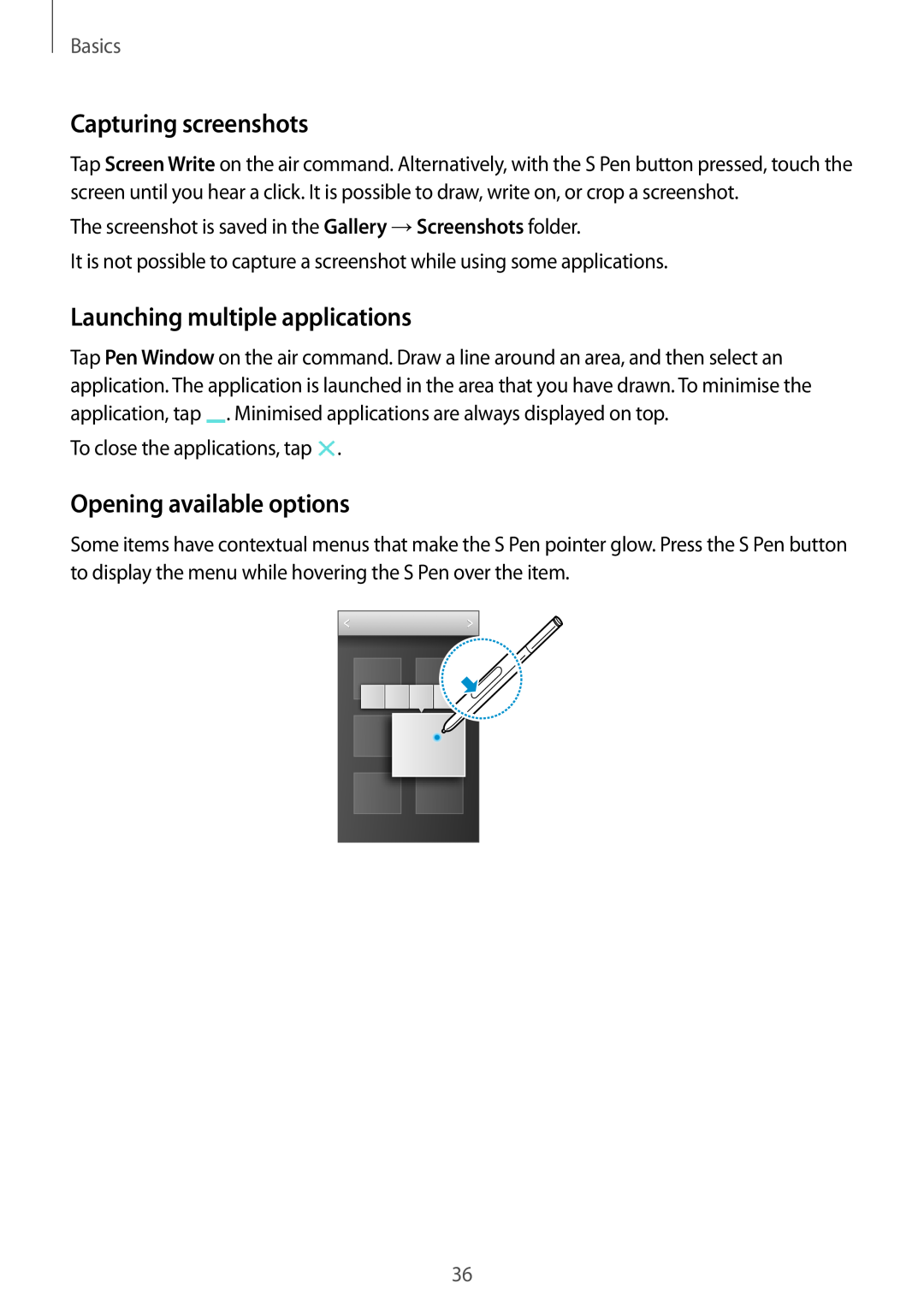 Samsung SM-N9005ZIEKSA manual Capturing screenshots, Launching multiple applications, Opening available options, Basics 