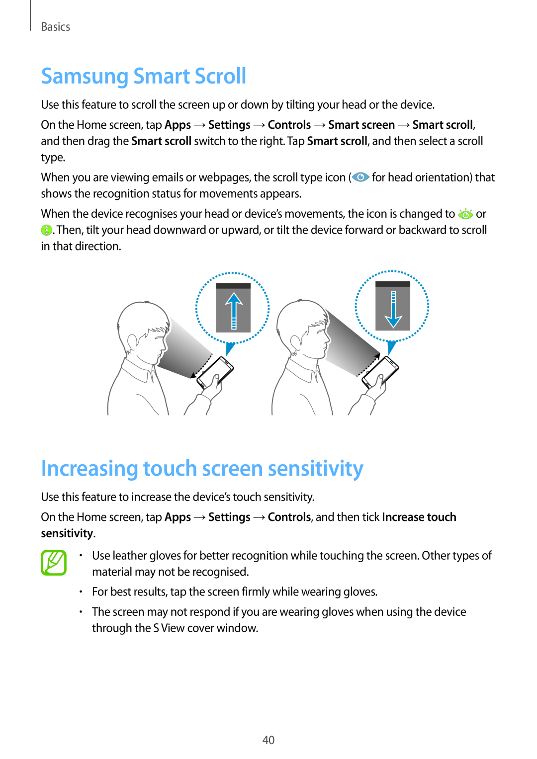 Samsung SM-N9005ZKEAFR, SM-N9005ZKEEGY, SM-N9005ZIEEGY Samsung Smart Scroll, Increasing touch screen sensitivity, Basics 