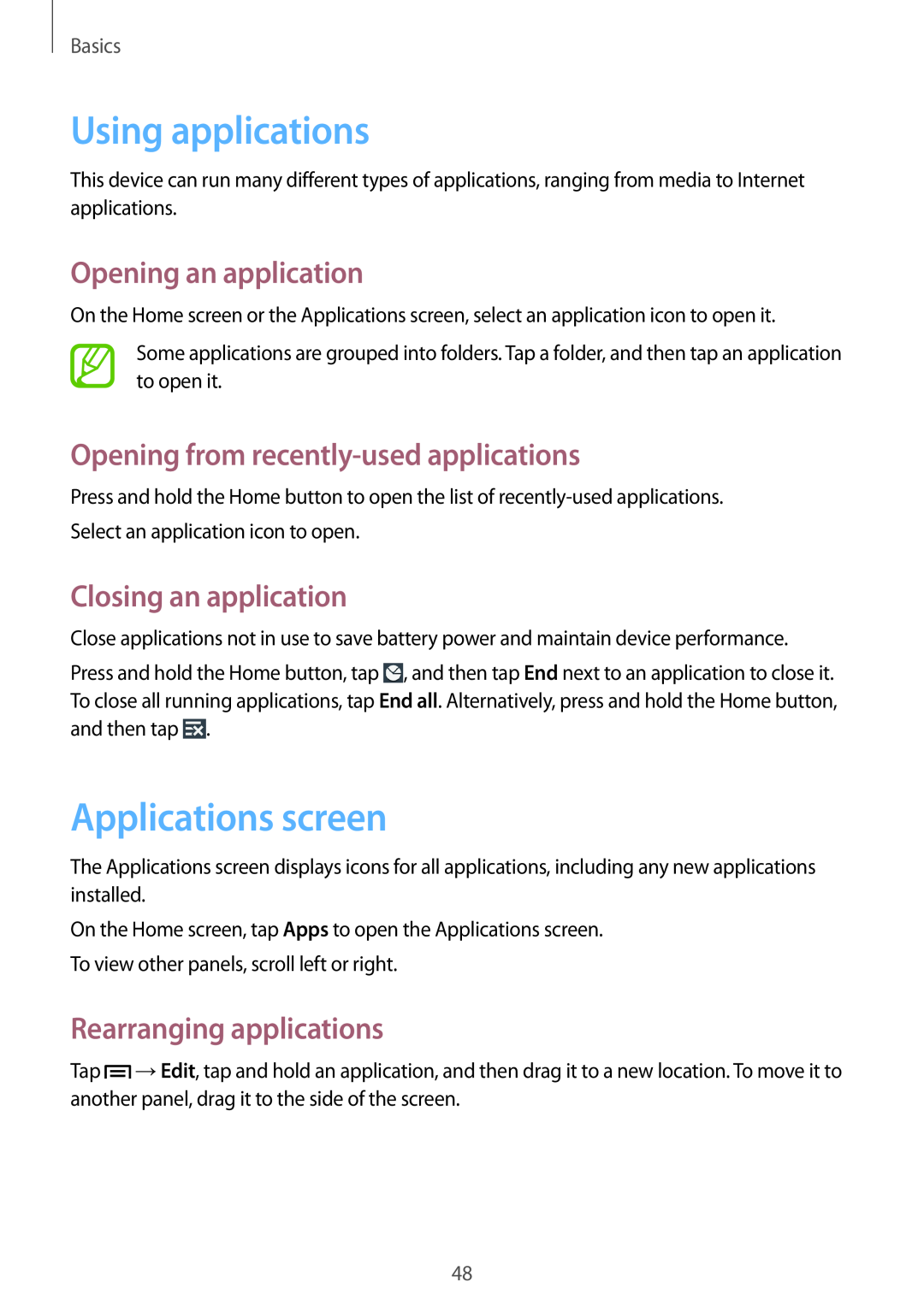 Samsung SM-N9005ZREEGY Using applications, Applications screen, Opening an application, Closing an application, Basics 