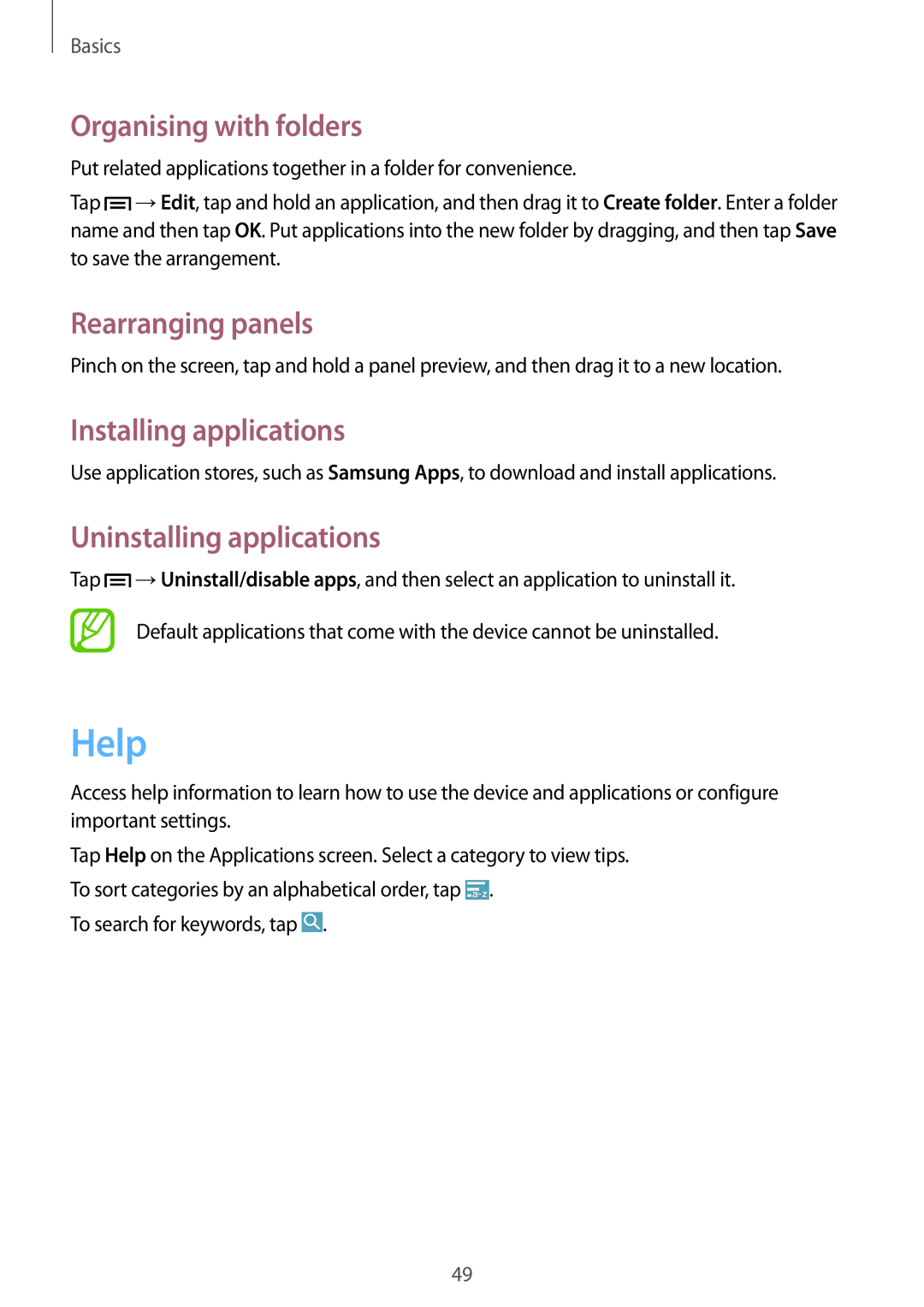 Samsung SM-N9005ZKEKSA manual Help, Organising with folders, Installing applications, Uninstalling applications, Basics 