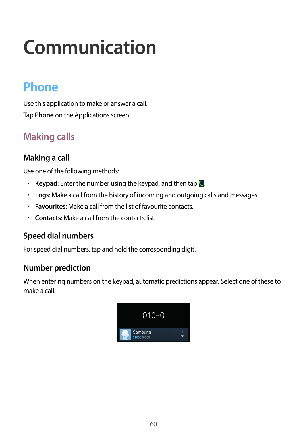 Samsung SM-N9005BDEKSA manual Communication, Phone, Making calls, Making a call, Speed dial numbers, Number prediction 