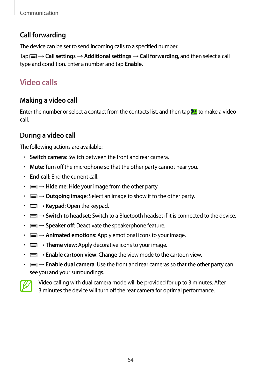 Samsung SM-N9005BDEAFR manual Video calls, Call forwarding, Making a video call, During a video call, Communication 