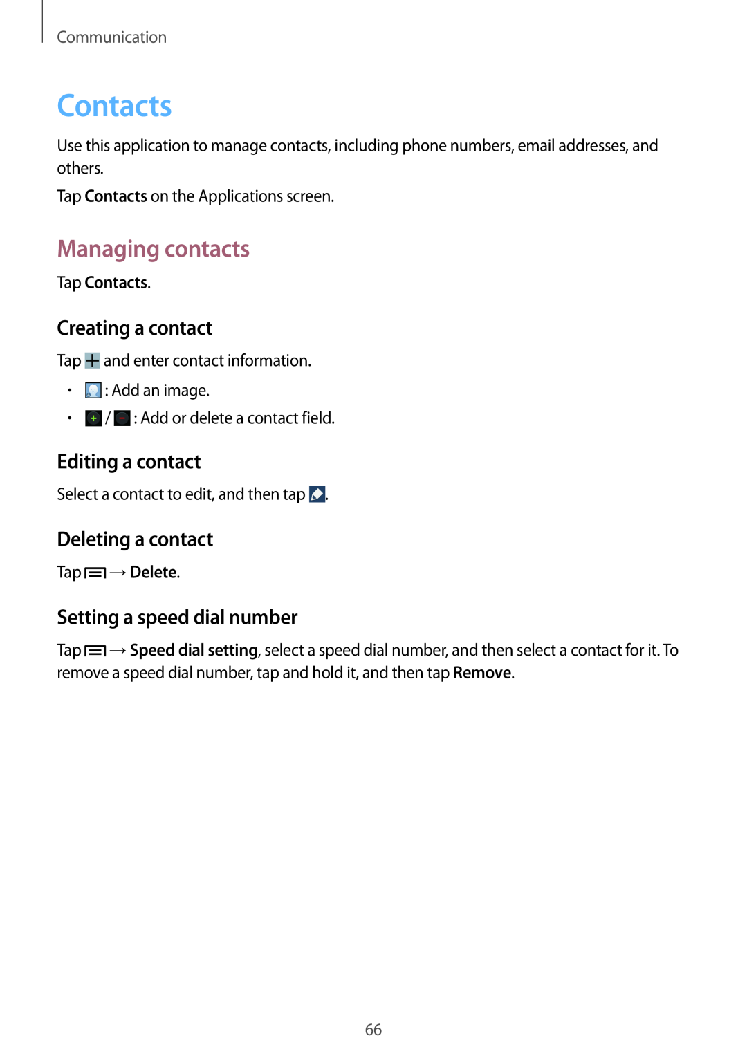 Samsung SM-N9005ZKEKSA manual Contacts, Managing contacts, Creating a contact, Editing a contact, Deleting a contact 