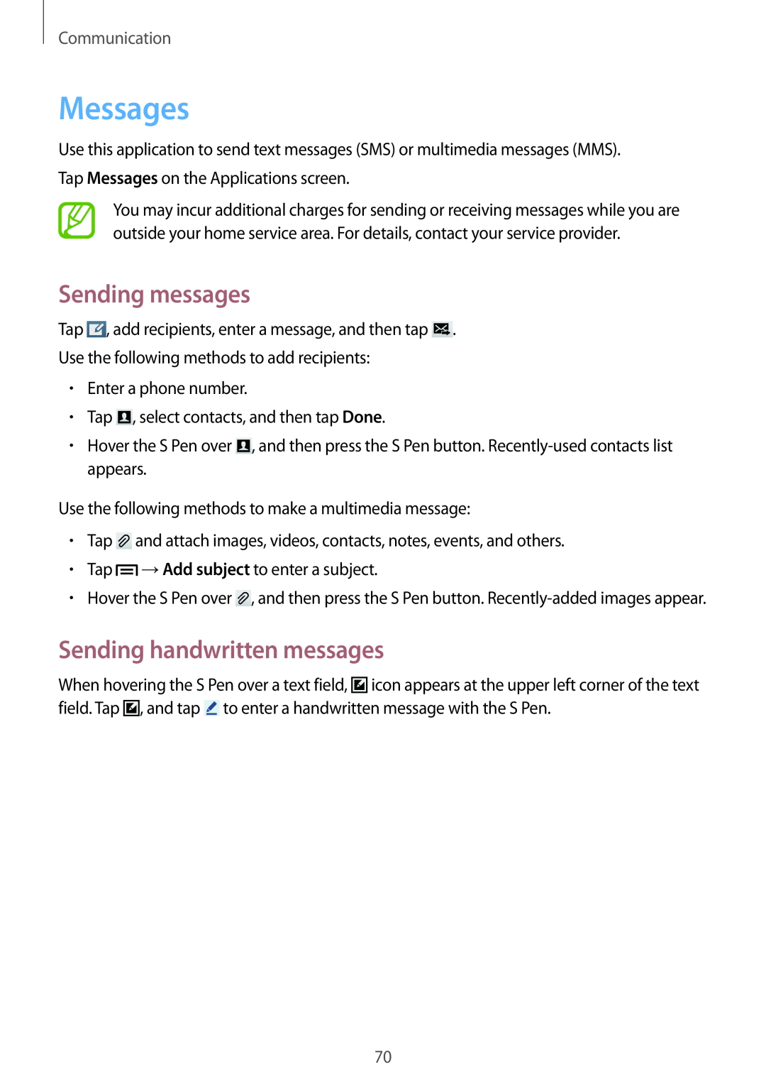 Samsung SM-N9005ZIEKSA, SM-N9005ZKEEGY manual Messages, Sending messages, Sending handwritten messages, Communication 