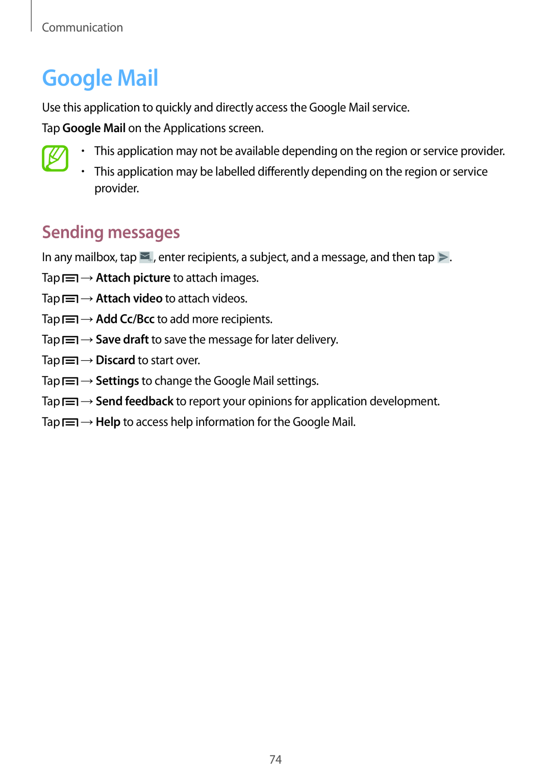 Samsung SM-N9005ZKEAFR, SM-N9005ZKEEGY, SM-N9005ZIEEGY, SM-N9005ZIEKSA manual Google Mail, Sending messages, Communication 