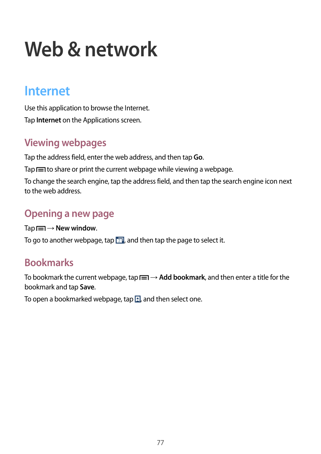 Samsung SM-N9005BDEKSA manual Web & network, Internet, Viewing webpages, Opening a new page, Bookmarks, Tap →New window 