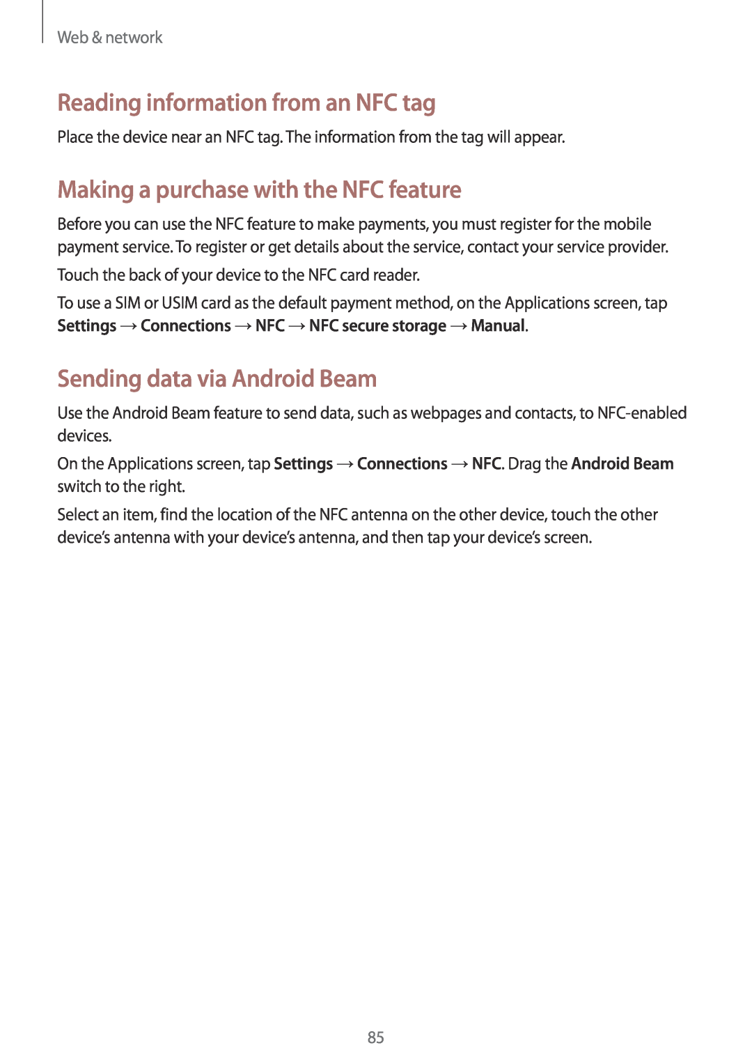 Samsung SM-N9005ZKEEGY manual Reading information from an NFC tag, Making a purchase with the NFC feature, Web & network 