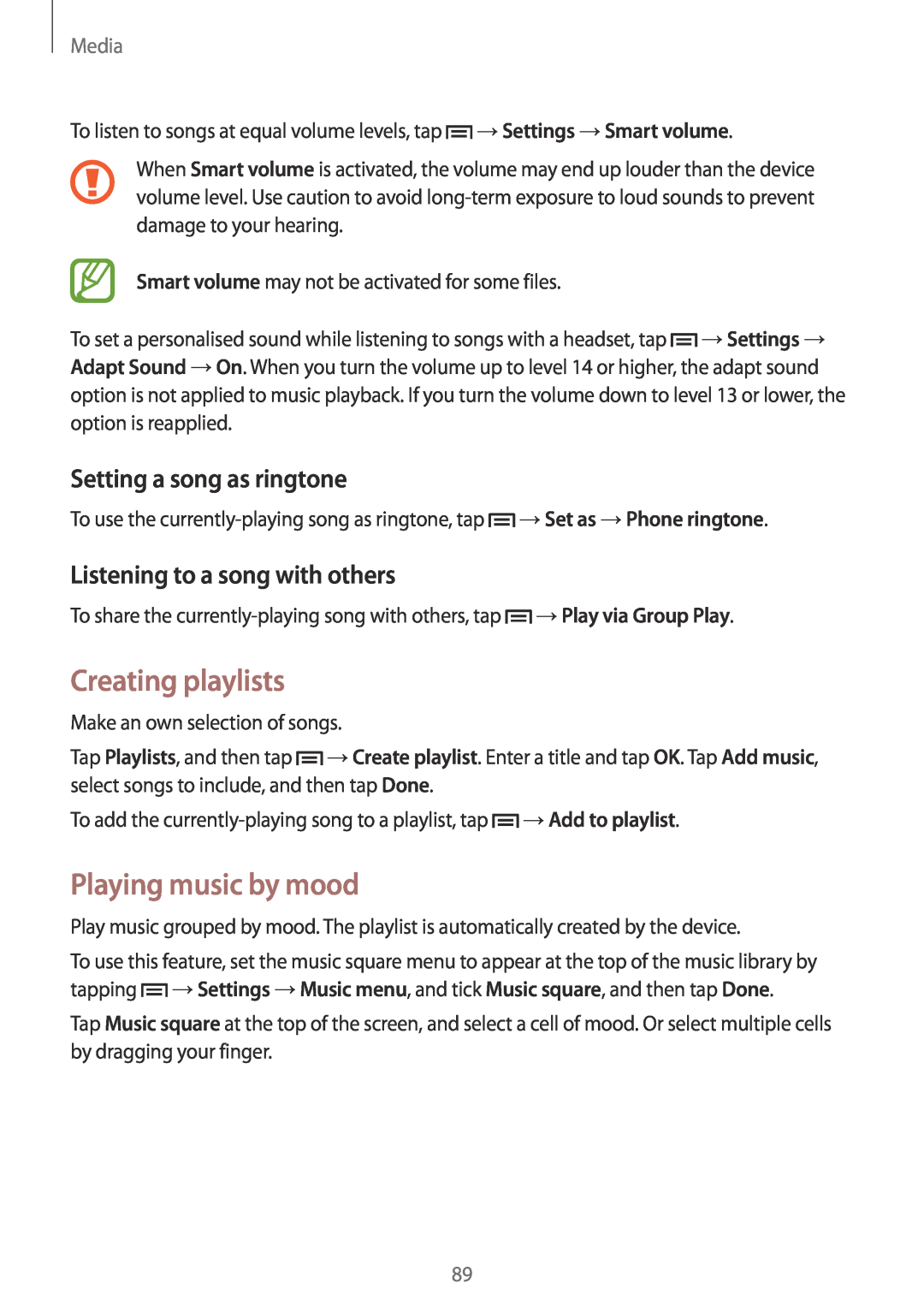 Samsung SM-N9005WDEKSA, SM-N9005ZKEEGY manual Creating playlists, Playing music by mood, Setting a song as ringtone, Media 