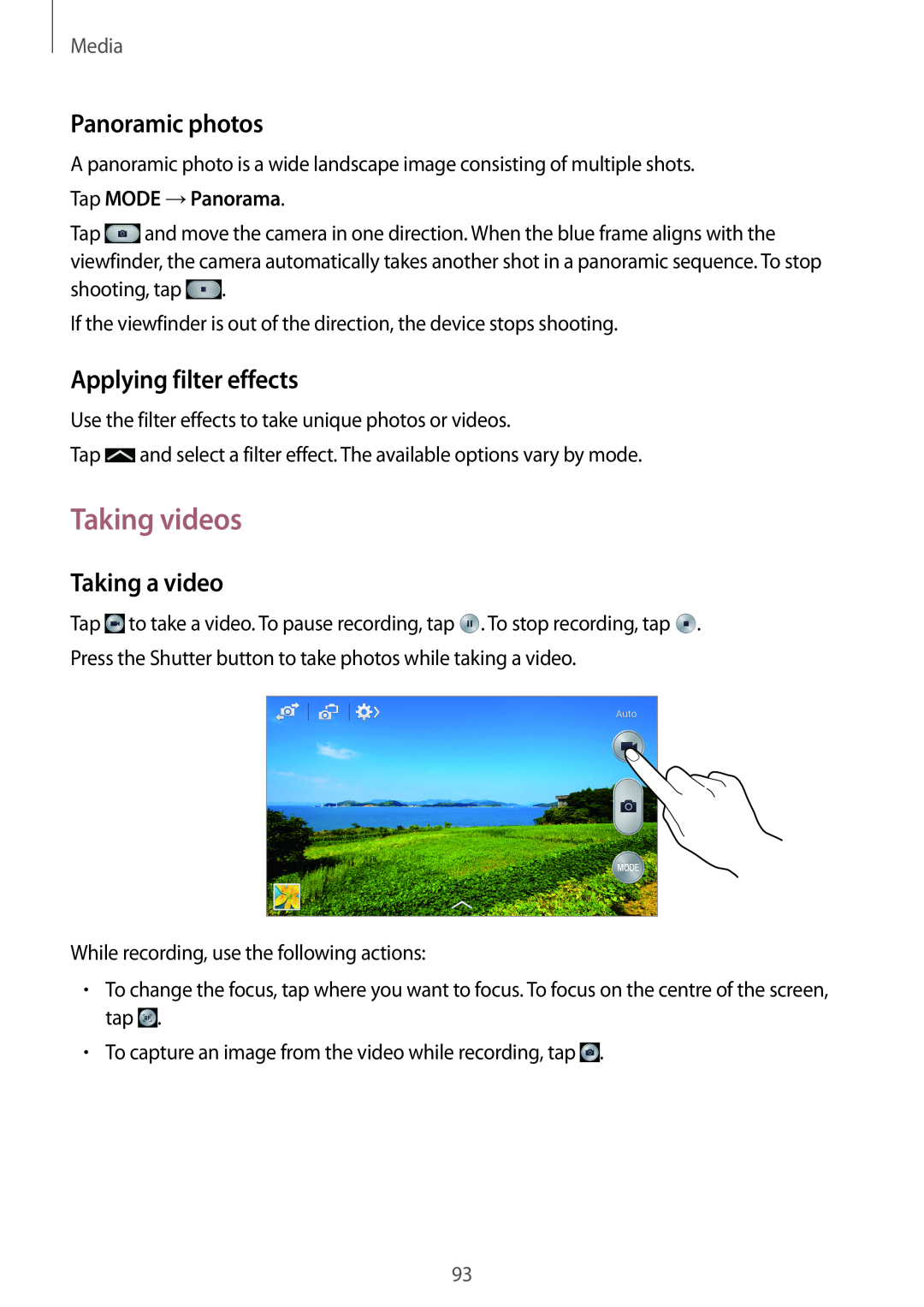 Samsung SM-N9005BDEEGY Taking videos, Panoramic photos, Applying filter effects, Taking a video, Tap MODE →Panorama, Media 