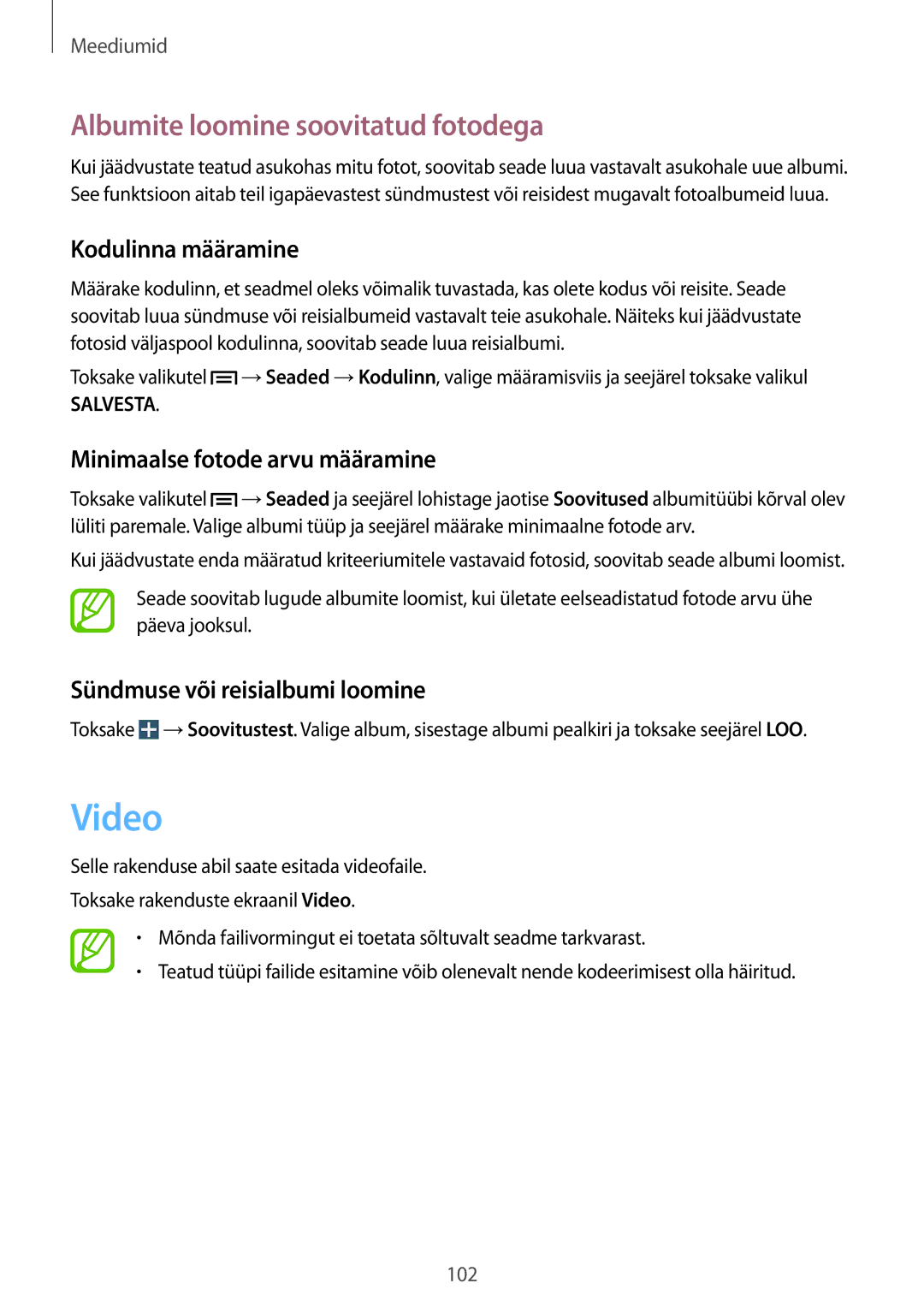 Samsung SM-N9005ZKESEB Video, Albumite loomine soovitatud fotodega, Kodulinna määramine, Minimaalse fotode arvu määramine 