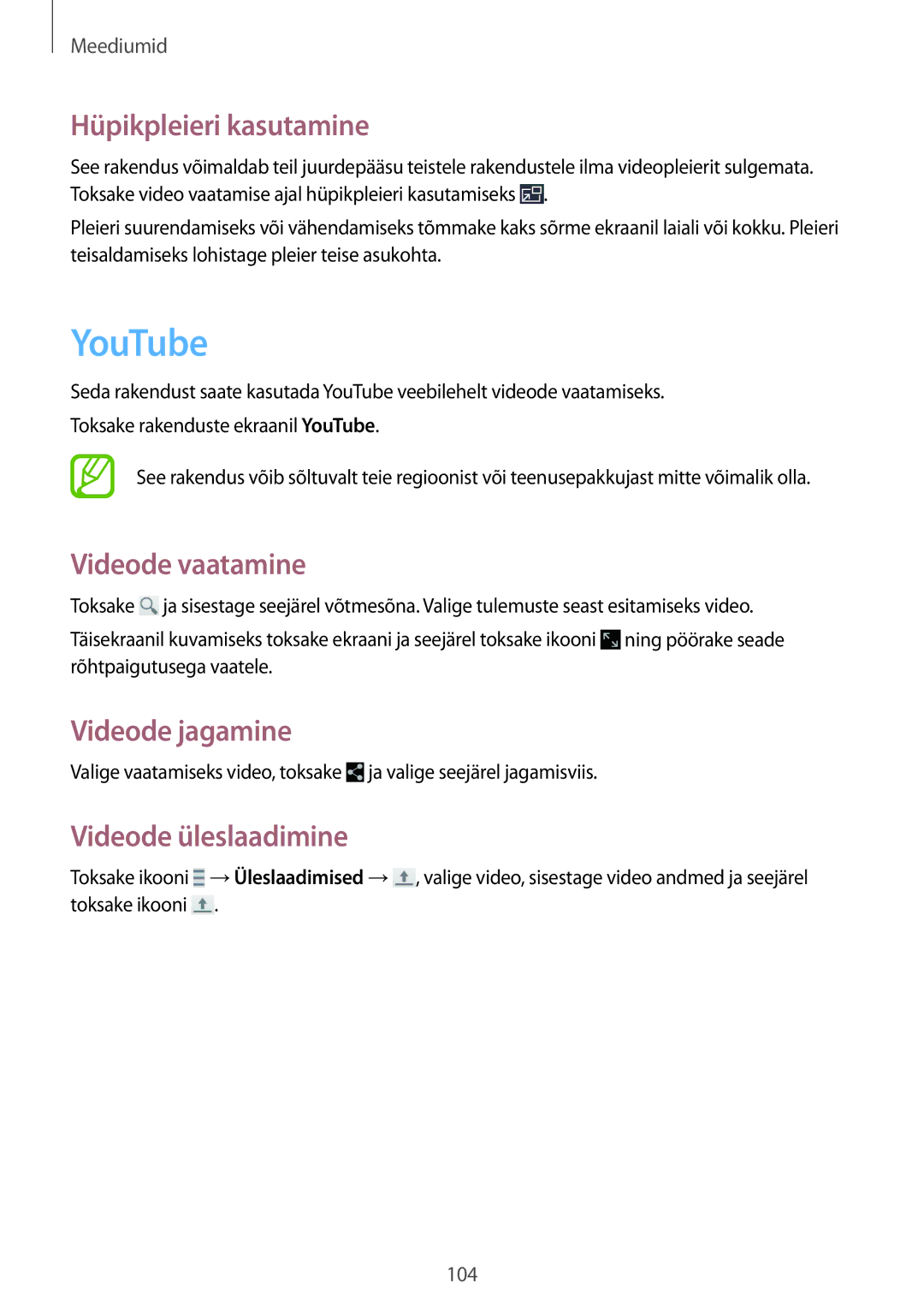 Samsung SM-N9005WDESEB, SM-N9005ZKESEB manual YouTube, Hüpikpleieri kasutamine, Videode vaatamine, Videode üleslaadimine 