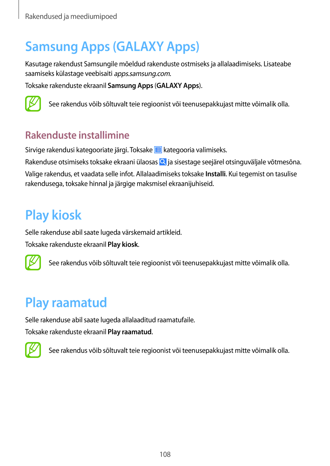 Samsung SM-N9005ZKESEB, SM-N9005ZWESEB, SM-N9005WDESEB manual Samsung Apps Galaxy Apps, Play kiosk, Play raamatud 