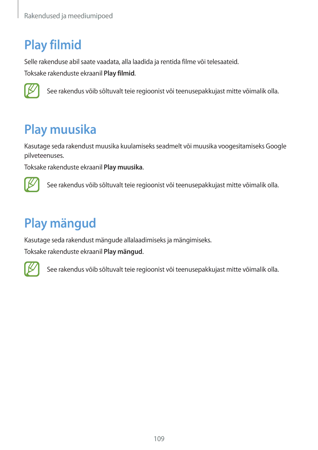 Samsung SM-N9005ZWESEB, SM-N9005ZKESEB, SM-N9005WDESEB manual Play filmid, Play muusika, Play mängud 