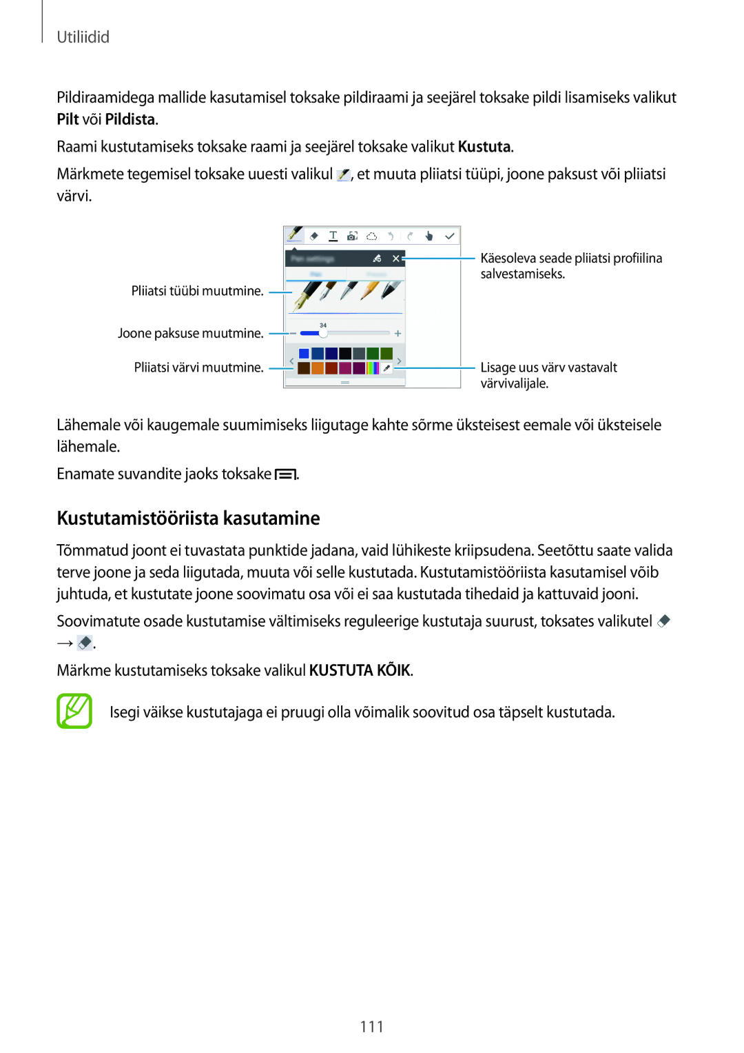 Samsung SM-N9005ZKESEB, SM-N9005ZWESEB, SM-N9005WDESEB manual Kustutamistööriista kasutamine, Utiliidid 