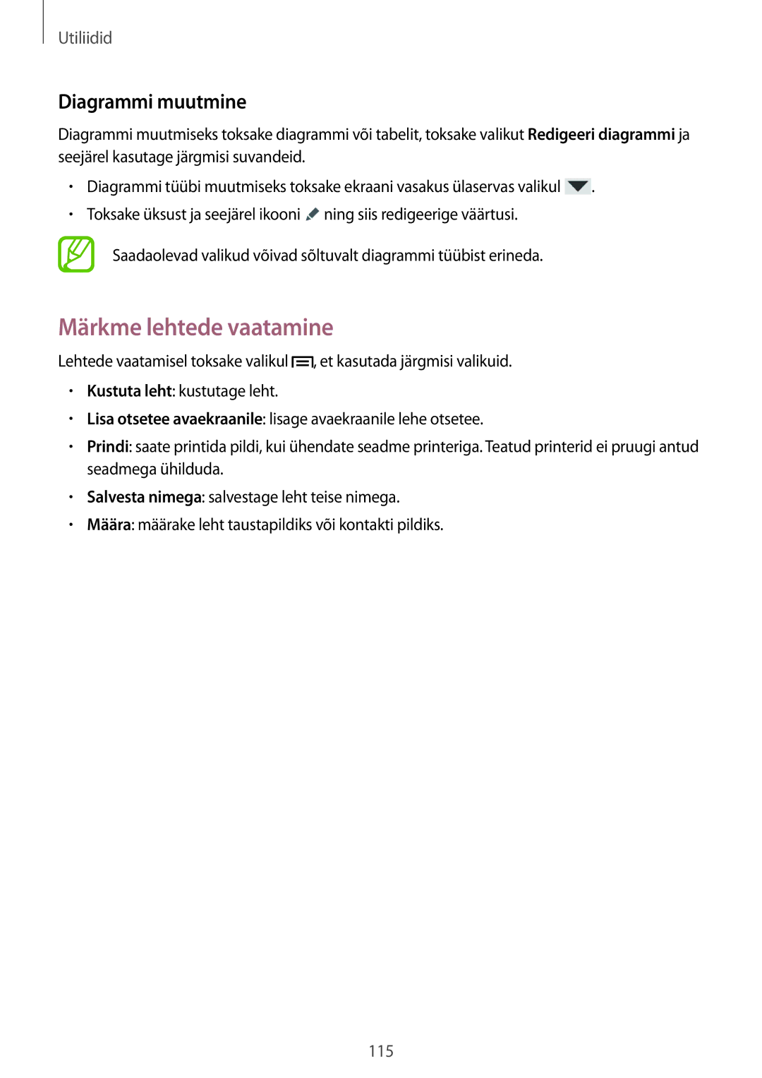 Samsung SM-N9005ZWESEB, SM-N9005ZKESEB, SM-N9005WDESEB manual Märkme lehtede vaatamine, Diagrammi muutmine 