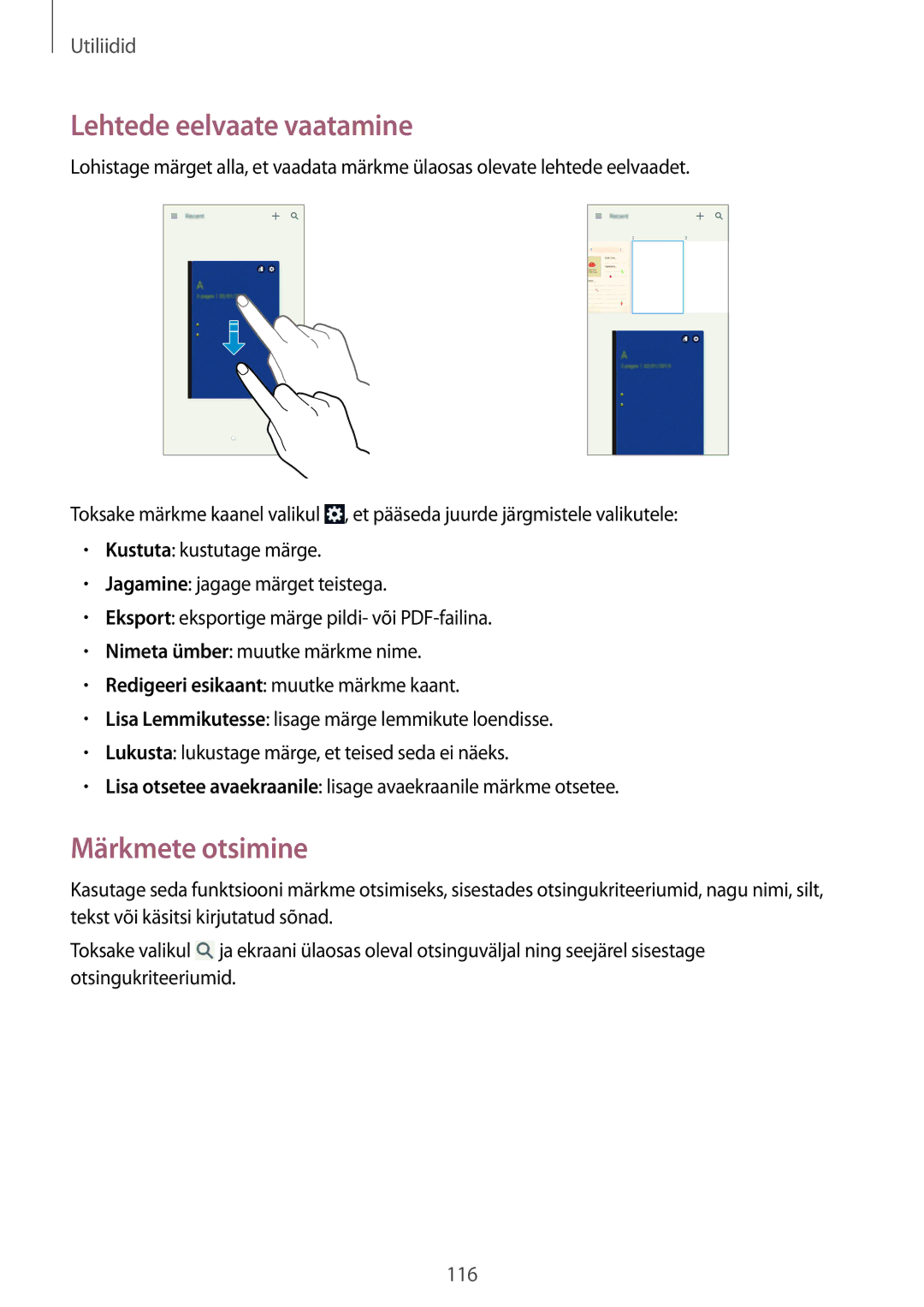 Samsung SM-N9005WDESEB, SM-N9005ZKESEB, SM-N9005ZWESEB manual Lehtede eelvaate vaatamine, Märkmete otsimine 