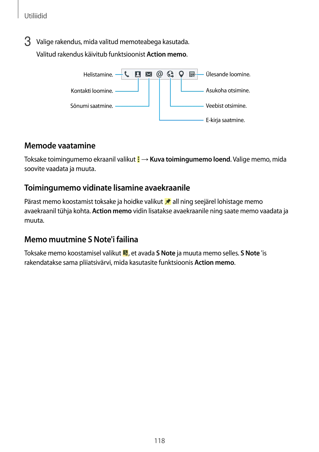 Samsung SM-N9005ZWESEB manual Memode vaatamine, Toimingumemo vidinate lisamine avaekraanile, Memo muutmine S Notei failina 