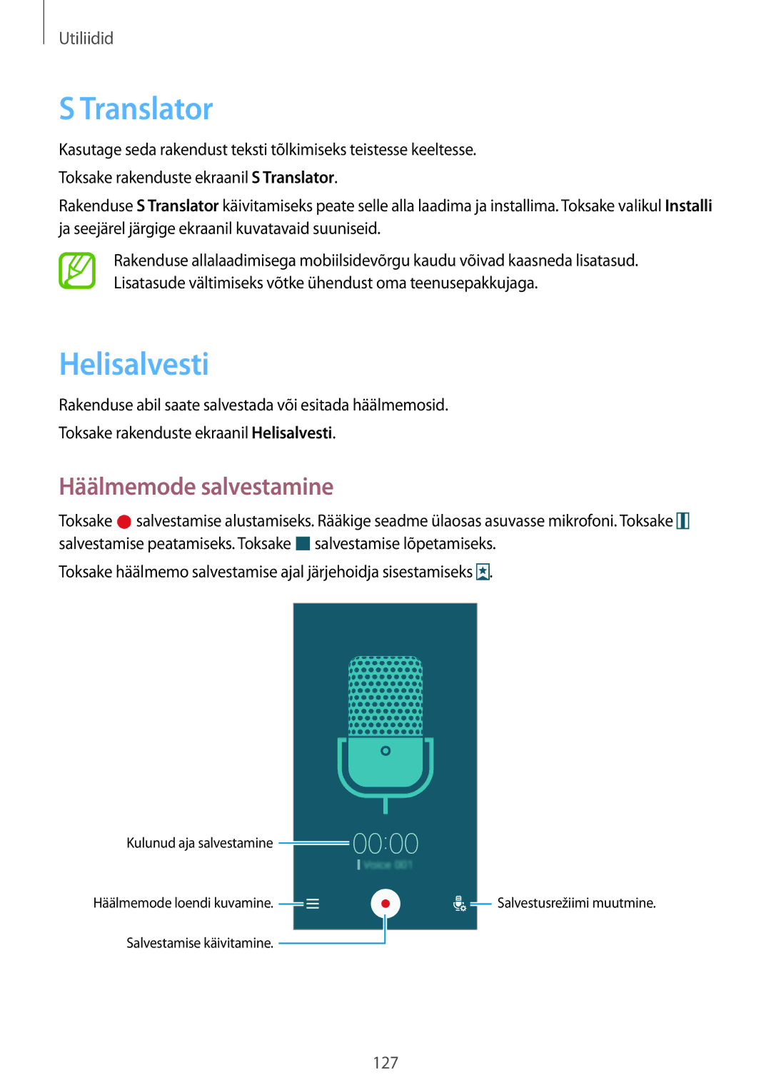 Samsung SM-N9005ZWESEB, SM-N9005ZKESEB, SM-N9005WDESEB manual Translator, Helisalvesti, Häälmemode salvestamine 