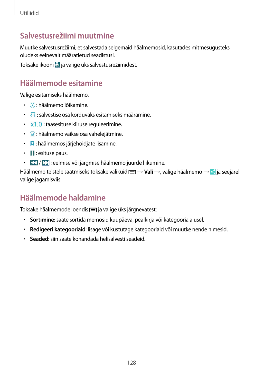 Samsung SM-N9005WDESEB, SM-N9005ZKESEB manual Salvestusrežiimi muutmine, Häälmemode esitamine, Häälmemode haldamine 