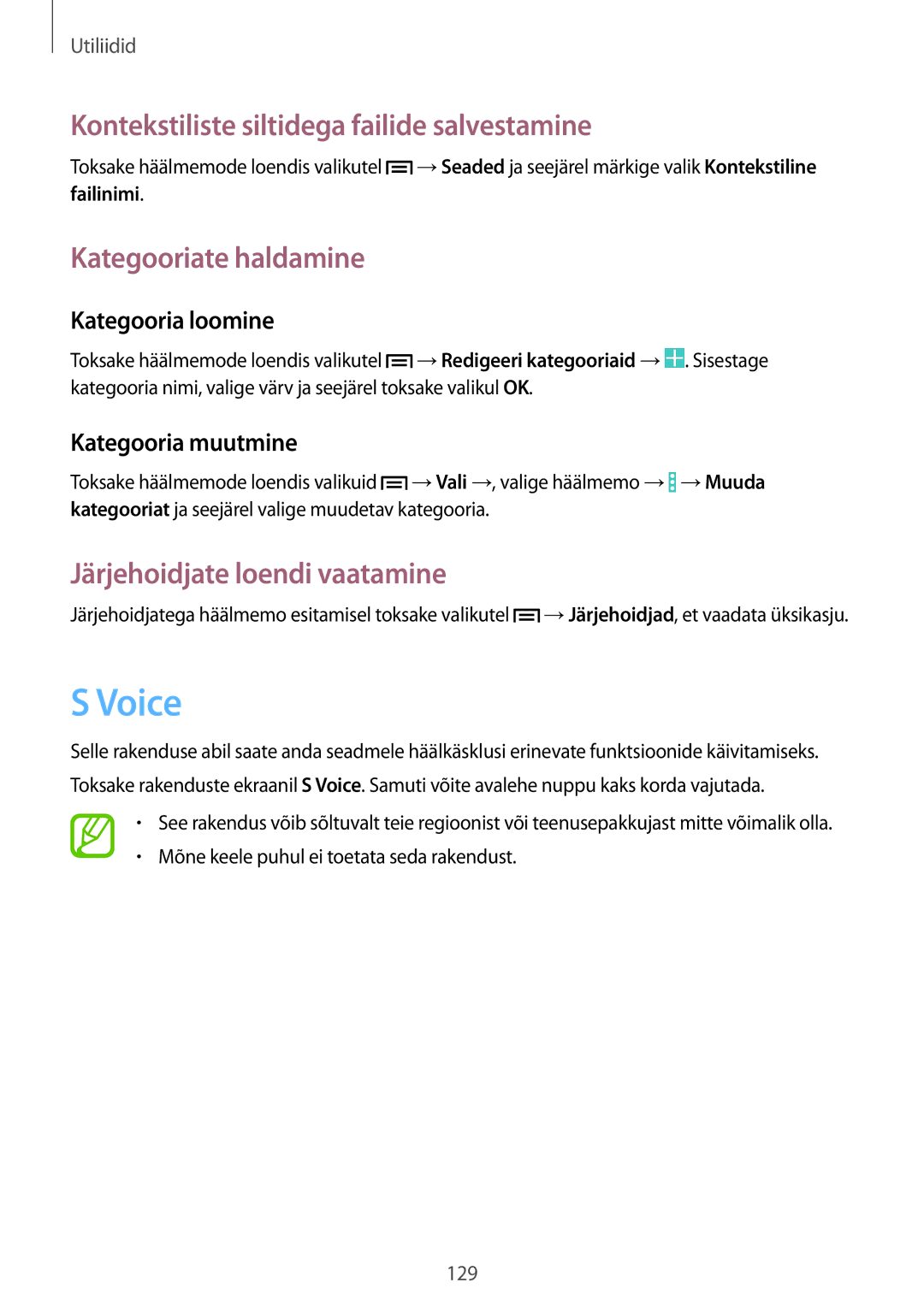 Samsung SM-N9005ZKESEB, SM-N9005ZWESEB manual Voice, Kontekstiliste siltidega failide salvestamine, Kategooriate haldamine 