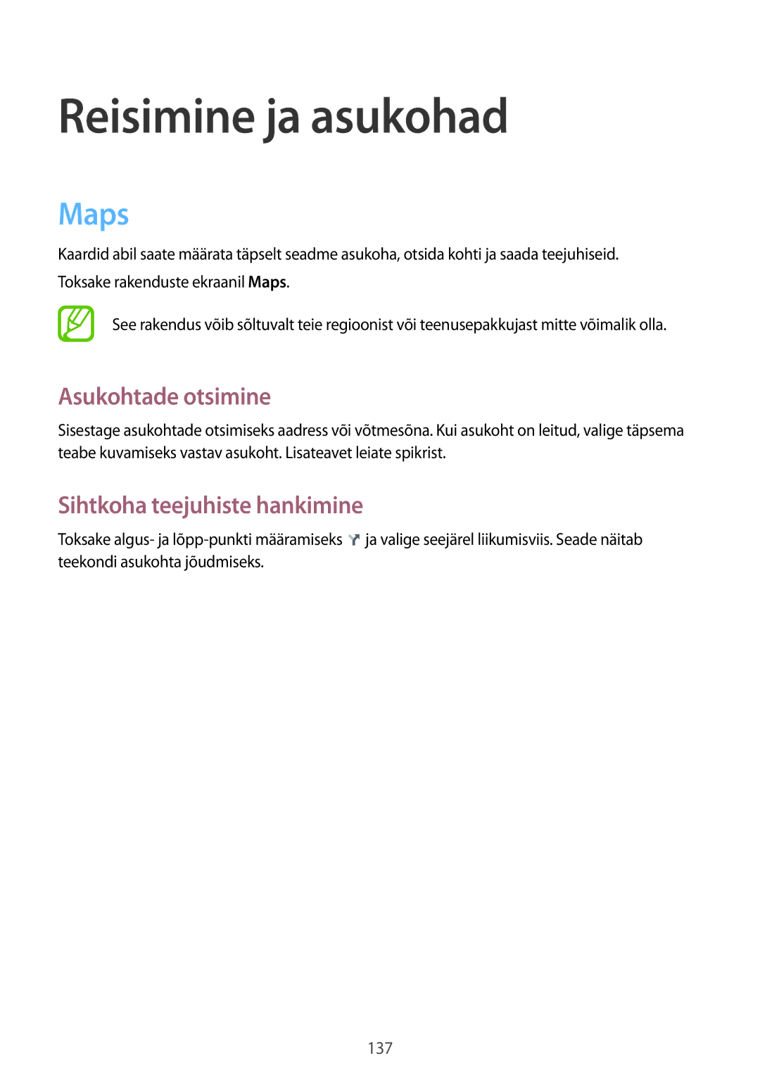 Samsung SM-N9005WDESEB, SM-N9005ZKESEB, SM-N9005ZWESEB manual Maps, Asukohtade otsimine, Sihtkoha teejuhiste hankimine 