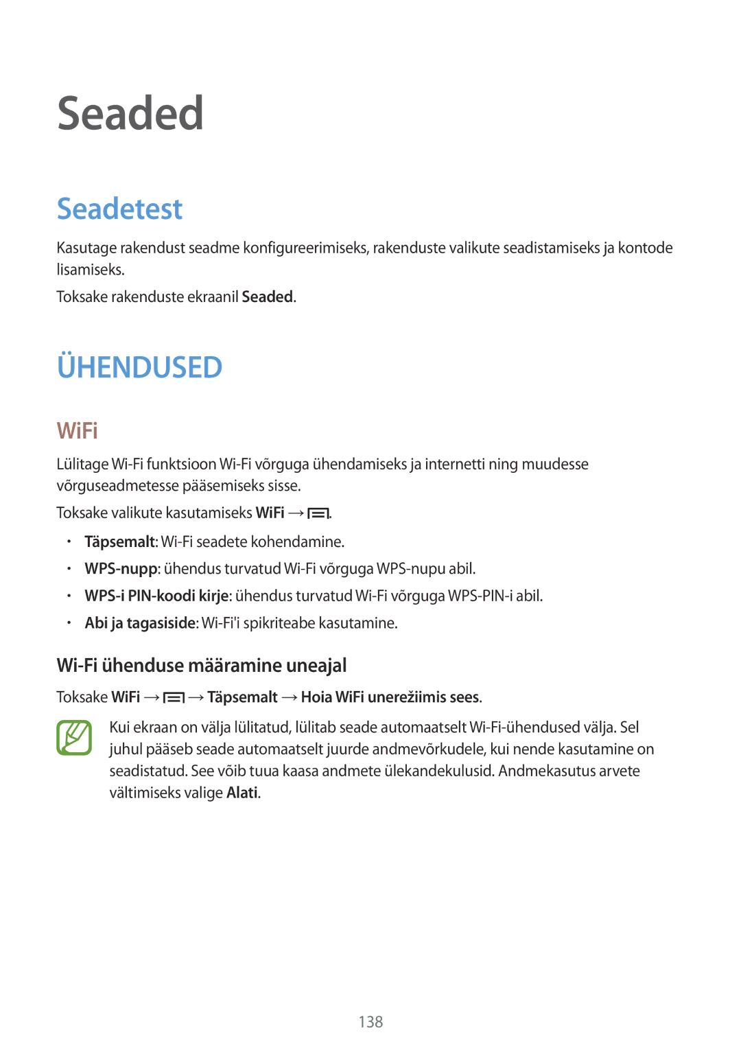 Samsung SM-N9005ZKESEB, SM-N9005ZWESEB, SM-N9005WDESEB manual Seadetest, WiFi, Wi-Fi ühenduse määramine uneajal 