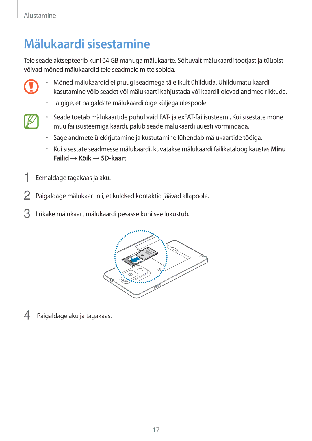 Samsung SM-N9005WDESEB, SM-N9005ZKESEB, SM-N9005ZWESEB manual Mälukaardi sisestamine 