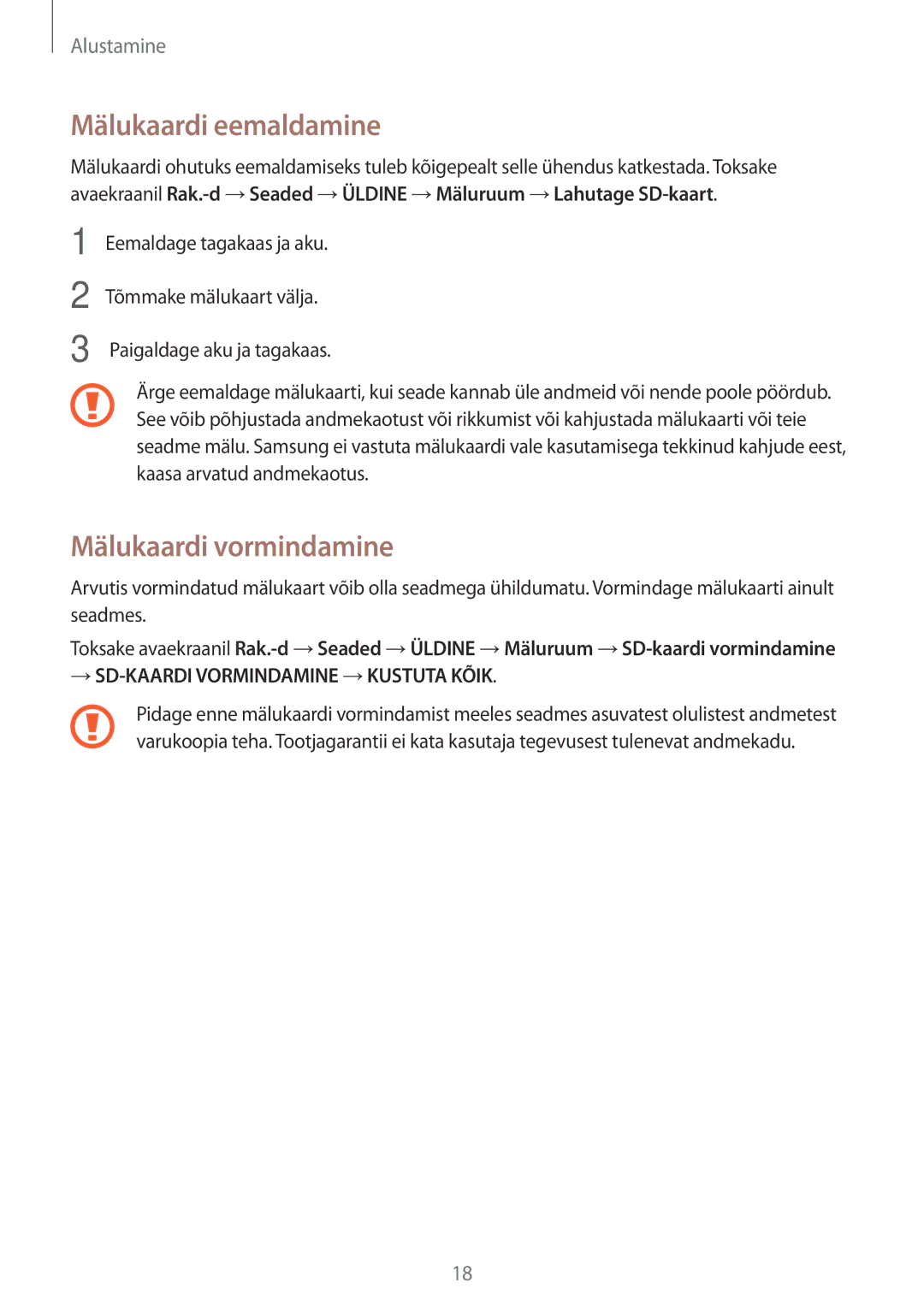 Samsung SM-N9005ZKESEB, SM-N9005ZWESEB, SM-N9005WDESEB manual Mälukaardi eemaldamine, Mälukaardi vormindamine 