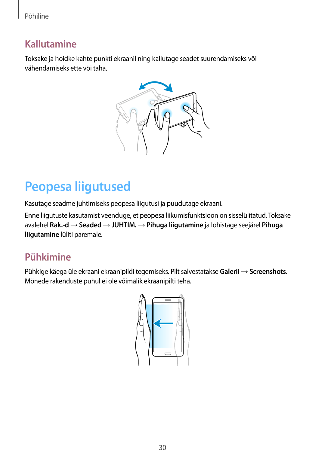 Samsung SM-N9005ZKESEB, SM-N9005ZWESEB, SM-N9005WDESEB manual Peopesa liigutused, Kallutamine, Pühkimine 