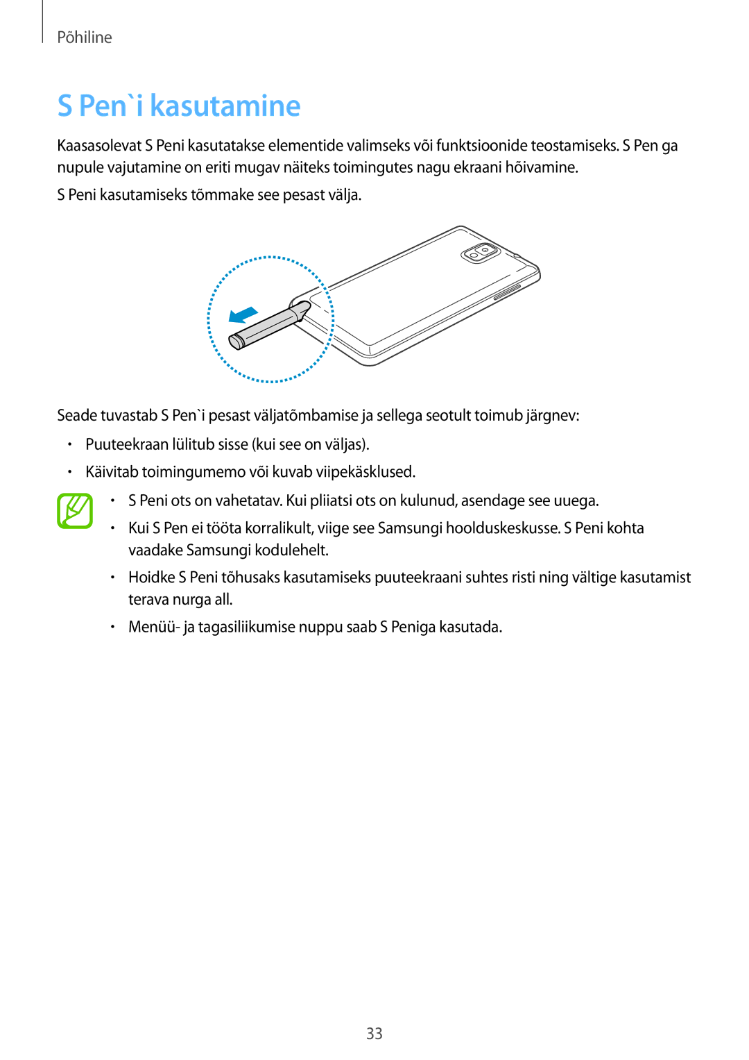 Samsung SM-N9005ZKESEB, SM-N9005ZWESEB, SM-N9005WDESEB manual Pen`i kasutamine 