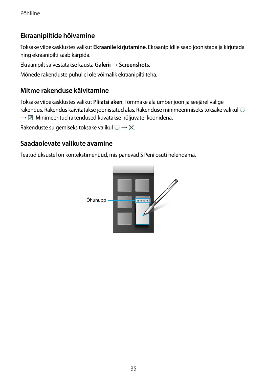 Samsung SM-N9005WDESEB manual Ekraanipiltide hõivamine, Mitme rakenduse käivitamine, Saadaolevate valikute avamine 