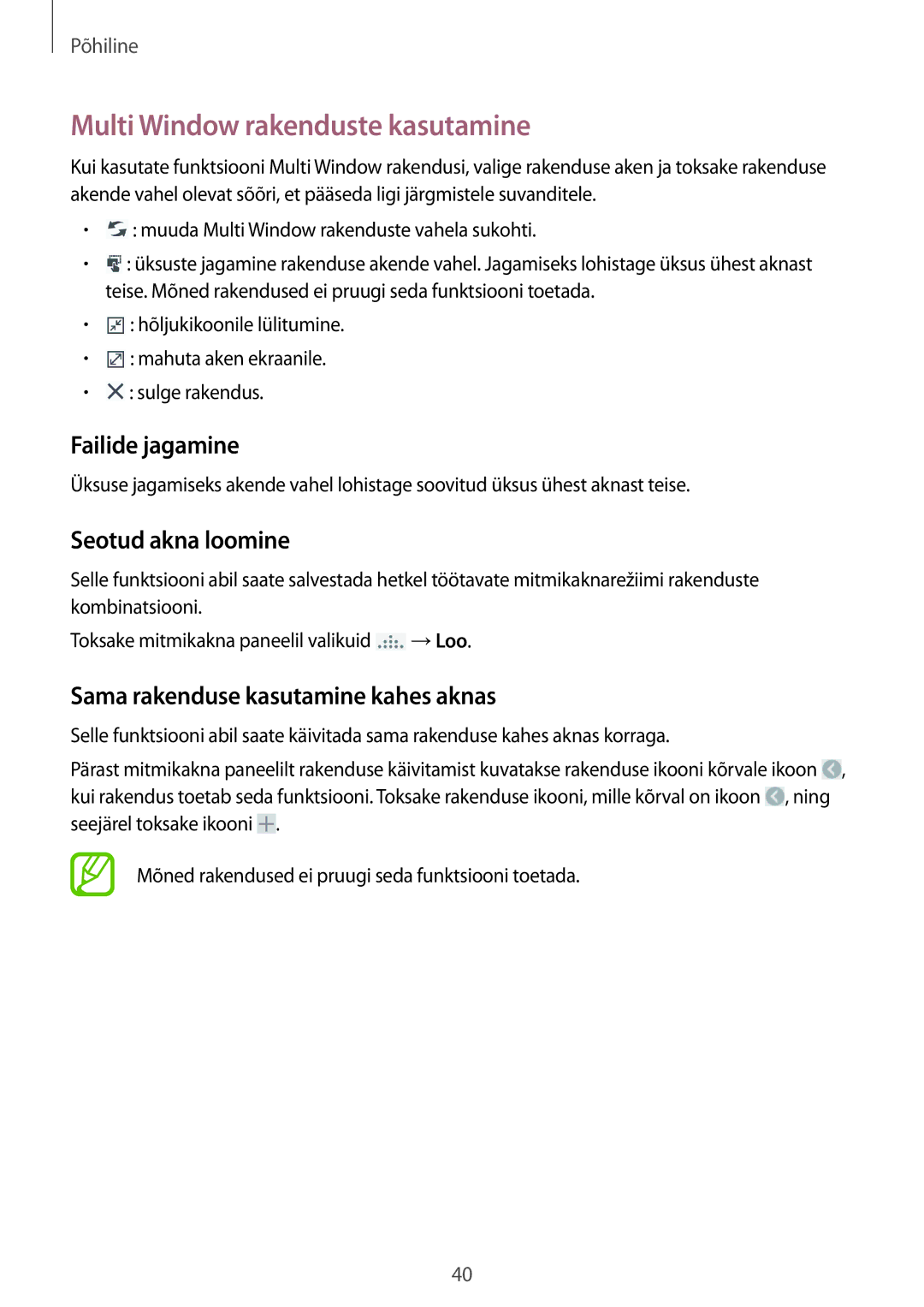 Samsung SM-N9005ZWESEB, SM-N9005ZKESEB manual Multi Window rakenduste kasutamine, Failide jagamine, Seotud akna loomine 