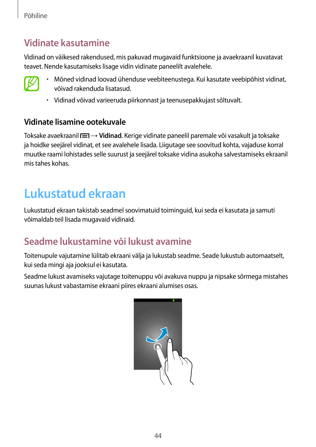 Samsung SM-N9005WDESEB, SM-N9005ZKESEB manual Lukustatud ekraan, Vidinate kasutamine, Seadme lukustamine või lukust avamine 