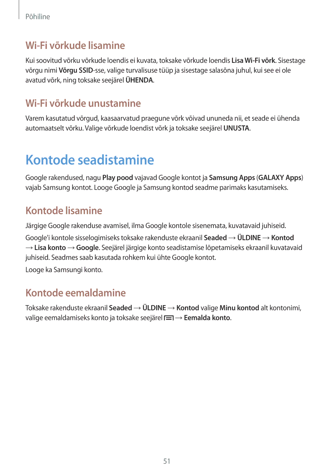 Samsung SM-N9005ZKESEB manual Kontode seadistamine, Wi-Fi võrkude lisamine, Wi-Fi võrkude unustamine, Kontode lisamine 