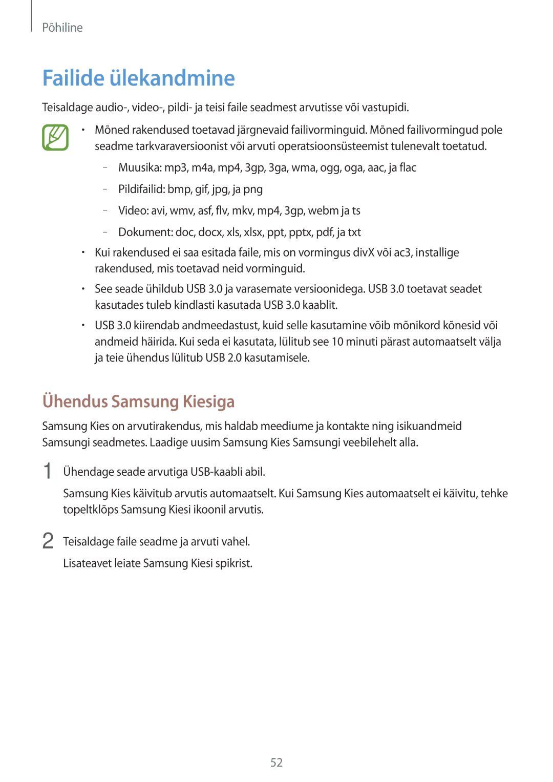 Samsung SM-N9005ZWESEB, SM-N9005ZKESEB, SM-N9005WDESEB manual Failide ülekandmine, Ühendus Samsung Kiesiga 