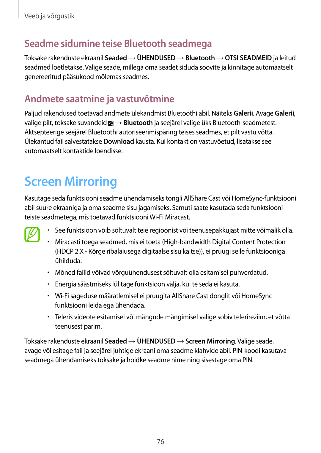 Samsung SM-N9005ZWESEB manual Screen Mirroring, Seadme sidumine teise Bluetooth seadmega, Andmete saatmine ja vastuvõtmine 