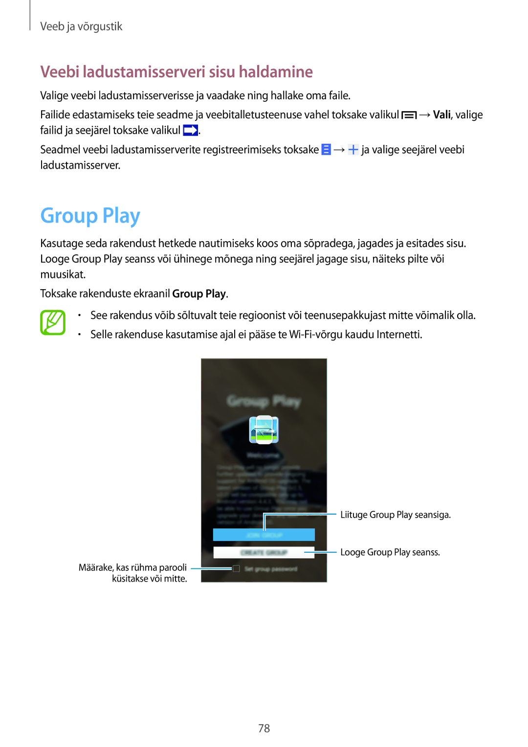 Samsung SM-N9005ZKESEB, SM-N9005ZWESEB, SM-N9005WDESEB manual Group Play, Veebi ladustamisserveri sisu haldamine 