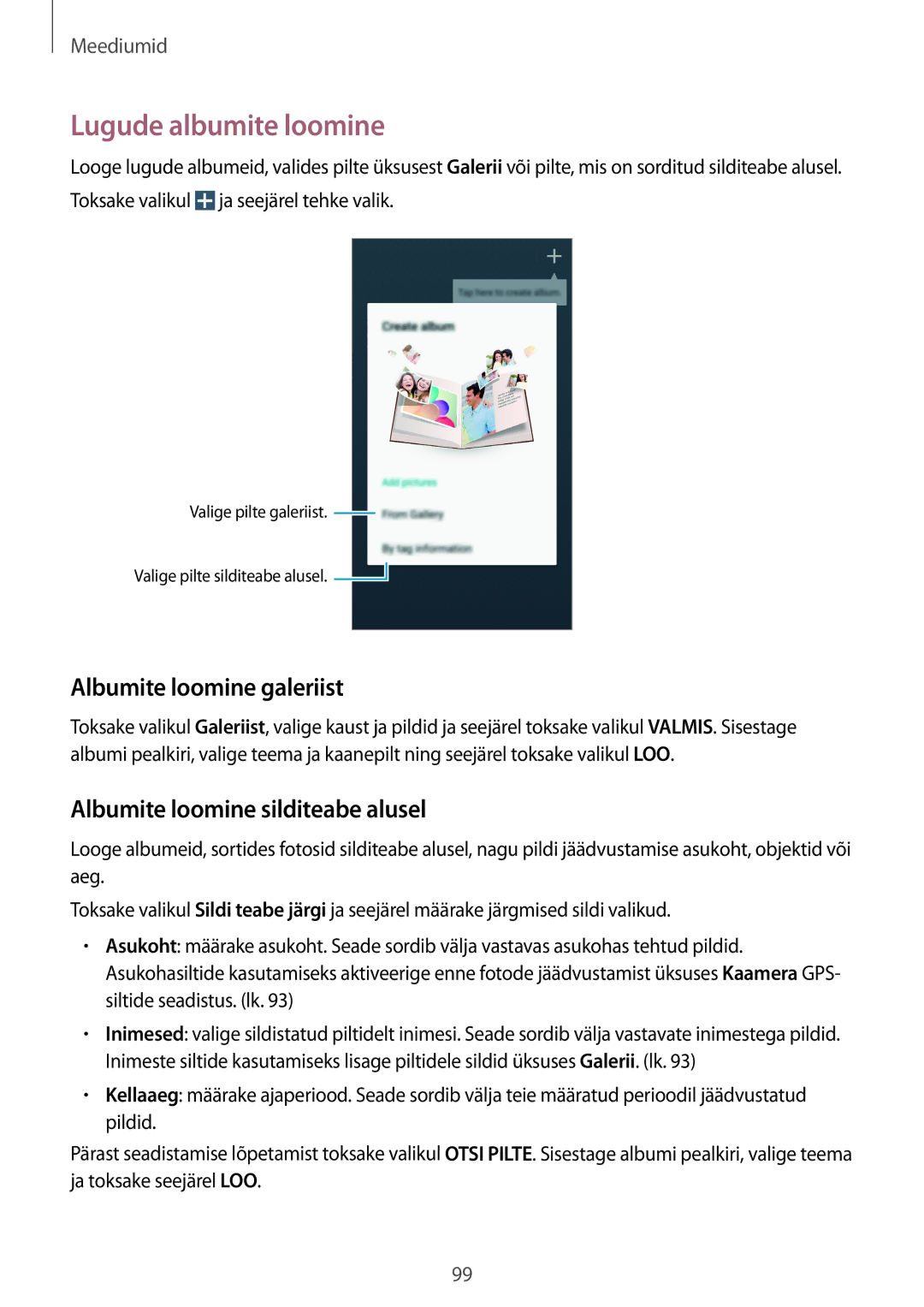 Samsung SM-N9005ZKESEB manual Lugude albumite loomine, Albumite loomine galeriist, Albumite loomine silditeabe alusel 