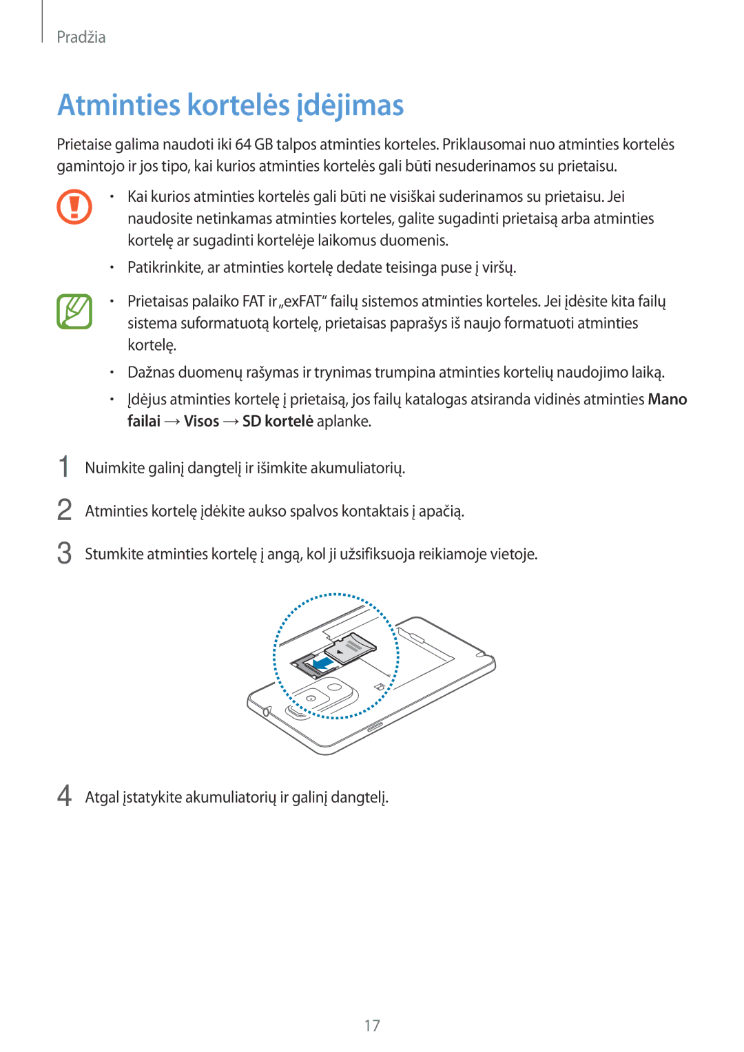 Samsung SM-N9005WDESEB, SM-N9005ZKESEB, SM-N9005ZWESEB manual Atminties kortelės įdėjimas 