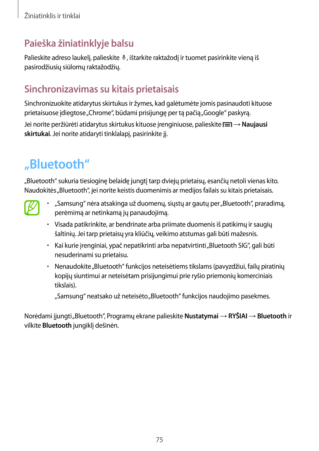 Samsung SM-N9005ZKESEB, SM-N9005ZWESEB „Bluetooth, Paieška žiniatinklyje balsu, Sinchronizavimas su kitais prietaisais 