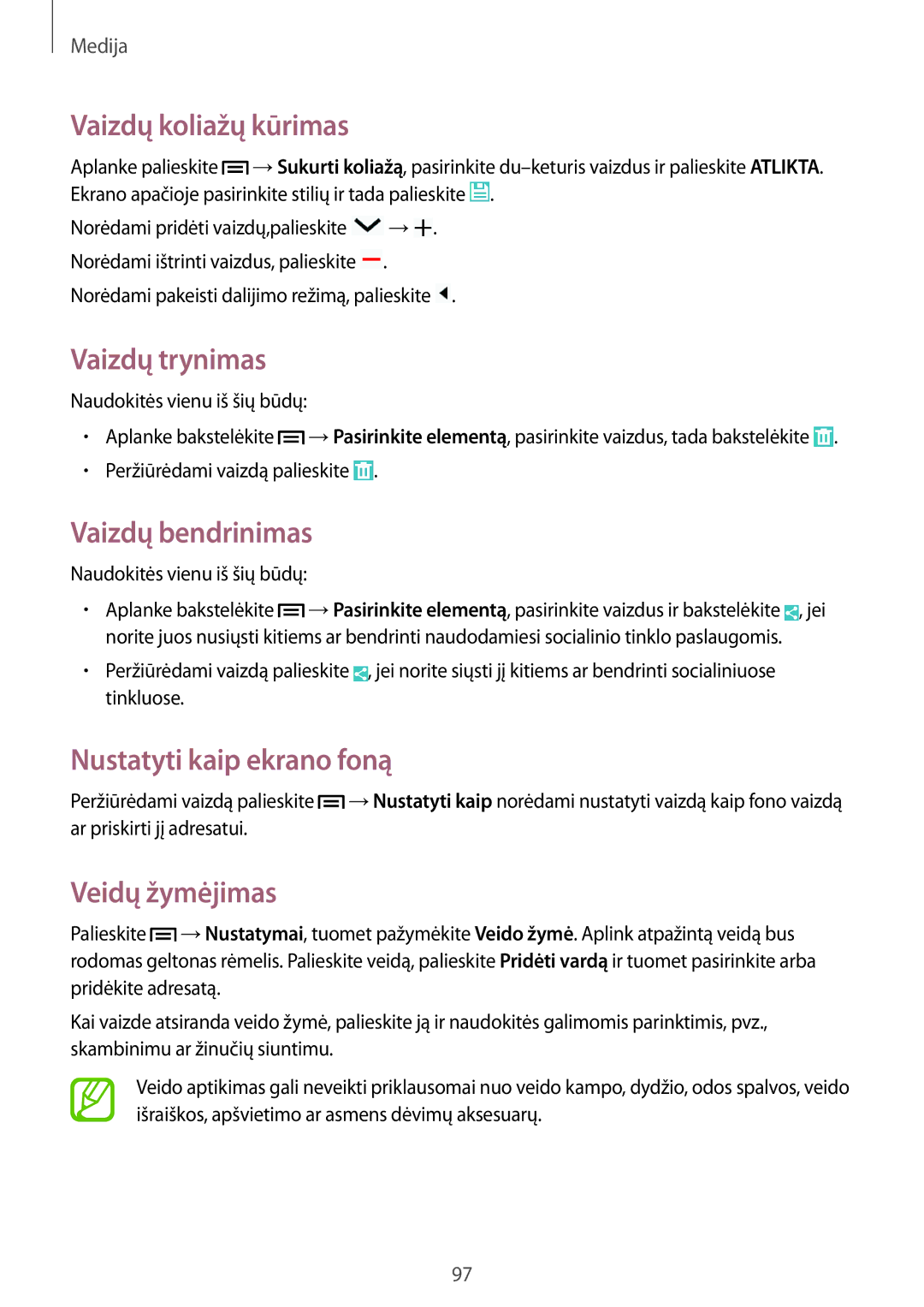 Samsung SM-N9005ZWESEB manual Vaizdų koliažų kūrimas, Vaizdų trynimas, Vaizdų bendrinimas, Nustatyti kaip ekrano foną 