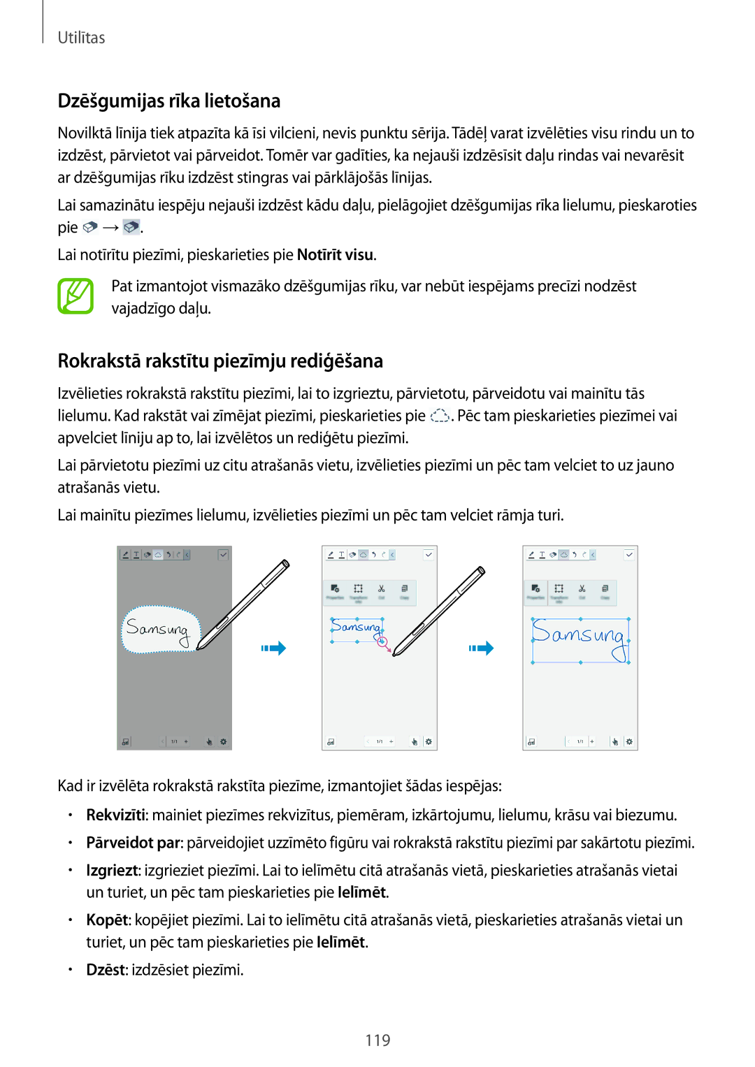 Samsung SM-N9005WDESEB, SM-N9005ZKESEB, SM-N9005ZWESEB Dzēšgumijas rīka lietošana, Rokrakstā rakstītu piezīmju rediģēšana 